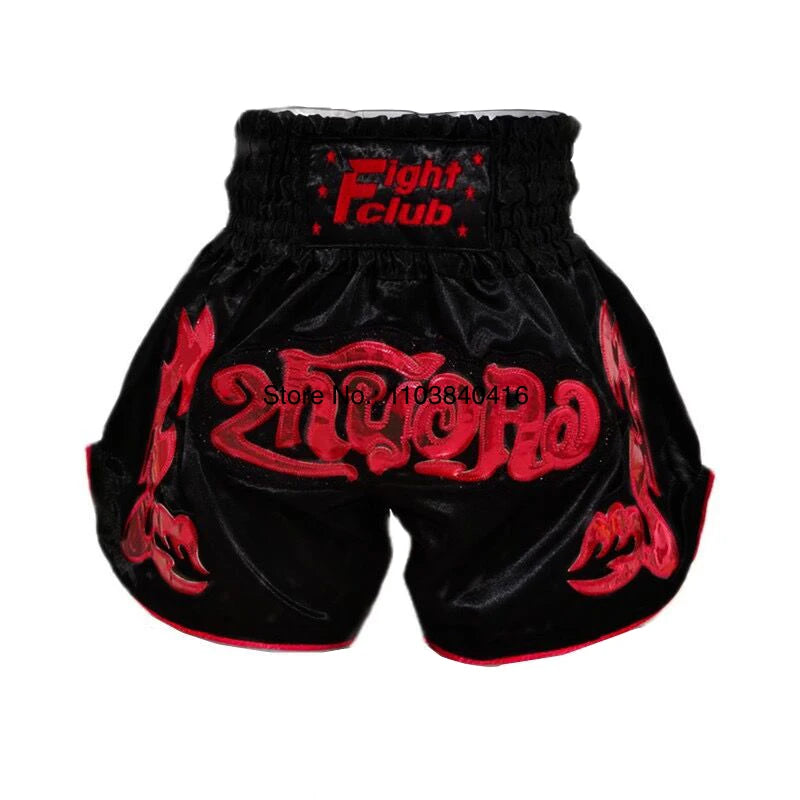 Muay Thai Shorts Leather Embroidery Thai Boxing Shorts Men Women Kids Satin MMA Clothes Gym Cage Fight Kickboxing Shorts Black