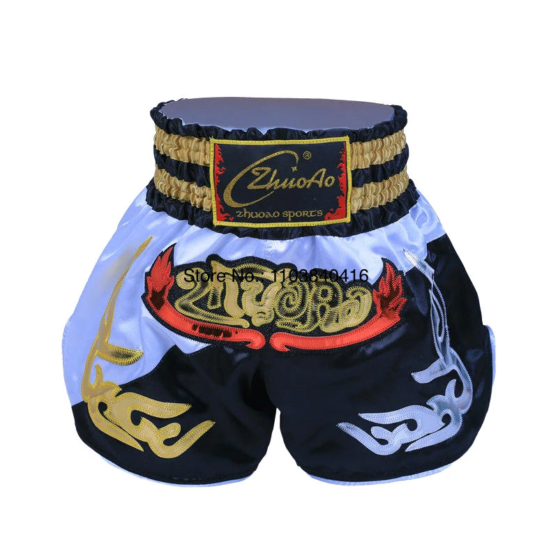 Muay Thai Shorts Leather Embroidery Thai Boxing Shorts Men Women Kids Satin MMA Clothes Gym Cage Fight Kickboxing Shorts Black