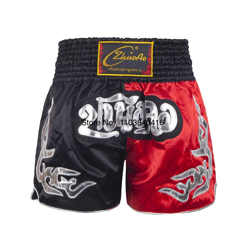 Muay Thai Shorts Leather Embroidery Thai Boxing Shorts Men Women Kids Satin MMA Clothes Gym Cage Fight Kickboxing Shorts Black