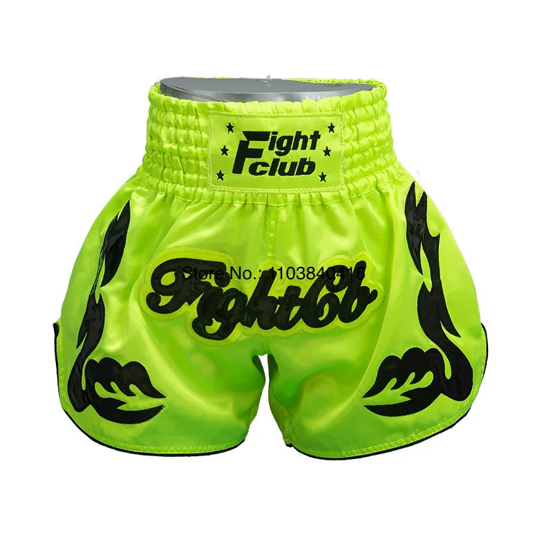 Muay Thai Shorts Leather Embroidery Thai Boxing Shorts Men Women Kids Satin MMA Clothes Gym Cage Fight Kickboxing Shorts Black