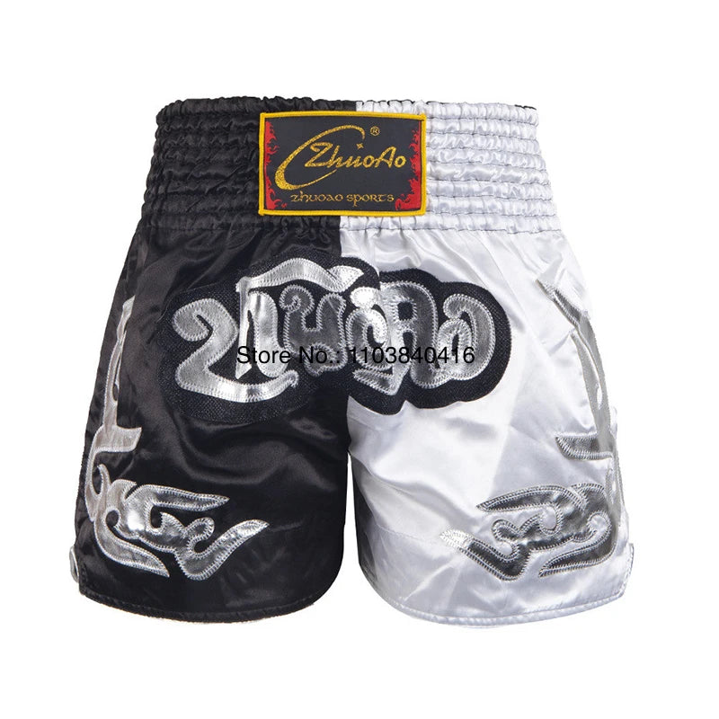 Muay Thai Shorts Leather Embroidery Thai Boxing Shorts Men Women Kids Satin MMA Clothes Gym Cage Fight Kickboxing Shorts Black