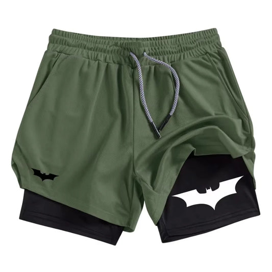 Bat Print 2 in 1 Performance Shorts for Men Athletic Breathable Quick Dry Shorts with Phone Pocket Gym Workout Running  RL0007