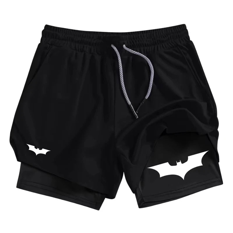 Bat Print 2 in 1 Performance Shorts for Men Athletic Breathable Quick Dry Shorts with Phone Pocket Gym Workout Running  RL0007