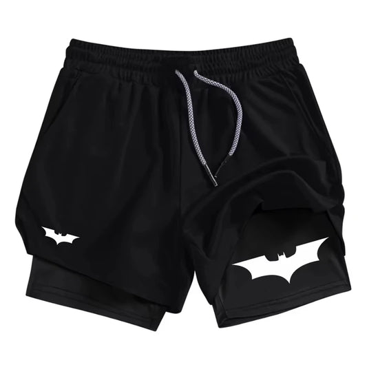 Bat Print 2 in 1 Performance Shorts for Men Athletic Breathable Quick Dry Shorts with Phone Pocket Gym Workout Running  RL0007