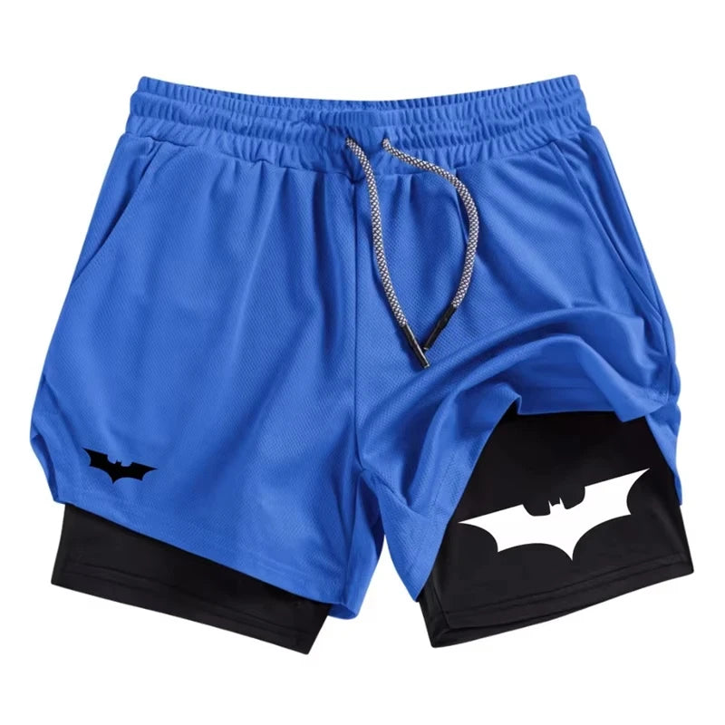 Bat Print 2 in 1 Performance Shorts for Men Athletic Breathable Quick Dry Shorts with Phone Pocket Gym Workout Running  RL0007