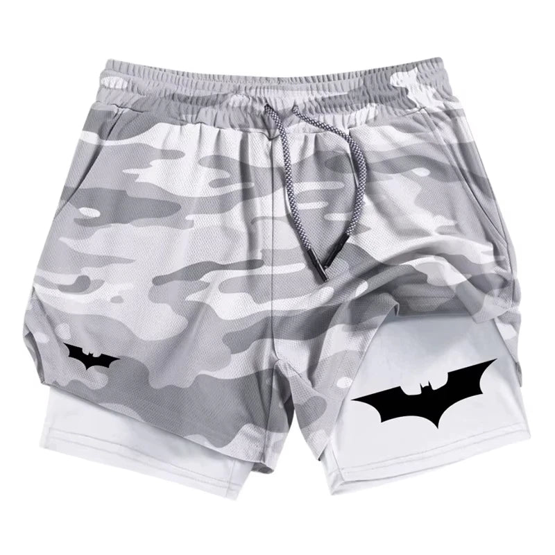 Bat Print 2 in 1 Performance Shorts for Men Athletic Breathable Quick Dry Shorts with Phone Pocket Gym Workout Running  RL0007