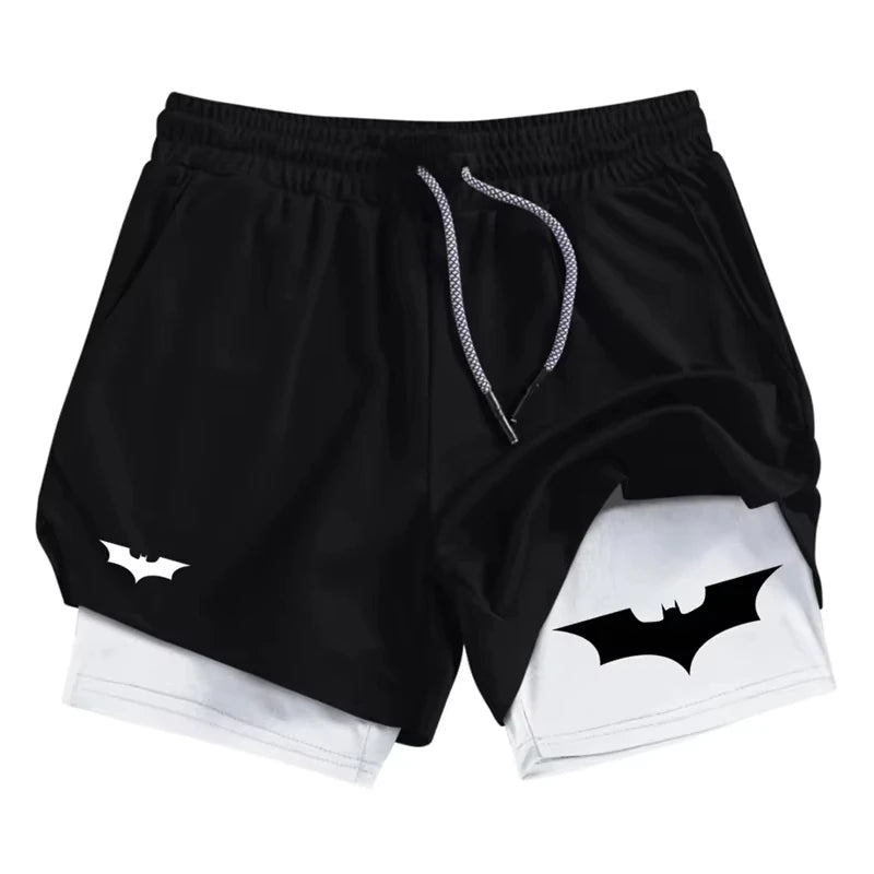 Bat Print 2 in 1 Performance Shorts for Men Athletic Breathable Quick Dry Shorts with Phone Pocket Gym Workout Running  RL0007