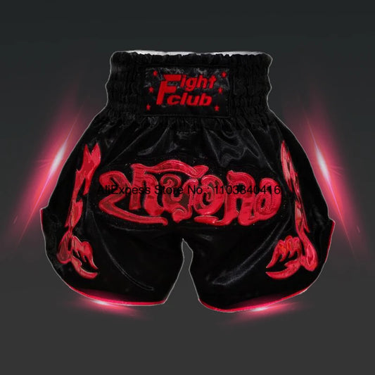 Muay Thai Shorts Leather Embroidery Thai Boxing Shorts Men Women Kids Satin MMA Clothes Gym Cage Fight Kickboxing Shorts Black