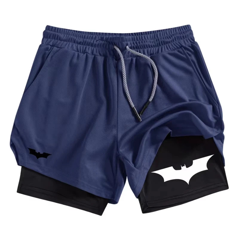 Bat Print 2 in 1 Performance Shorts for Men Athletic Breathable Quick Dry Shorts with Phone Pocket Gym Workout Running  RL0007