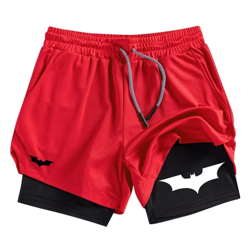 Bat Print 2 in 1 Performance Shorts for Men Athletic Breathable Quick Dry Shorts with Phone Pocket Gym Workout Running  RL0007