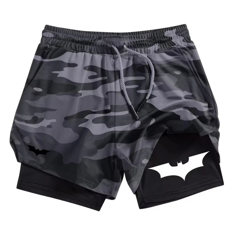 Bat Print 2 in 1 Performance Shorts for Men Athletic Breathable Quick Dry Shorts with Phone Pocket Gym Workout Running  RL0007