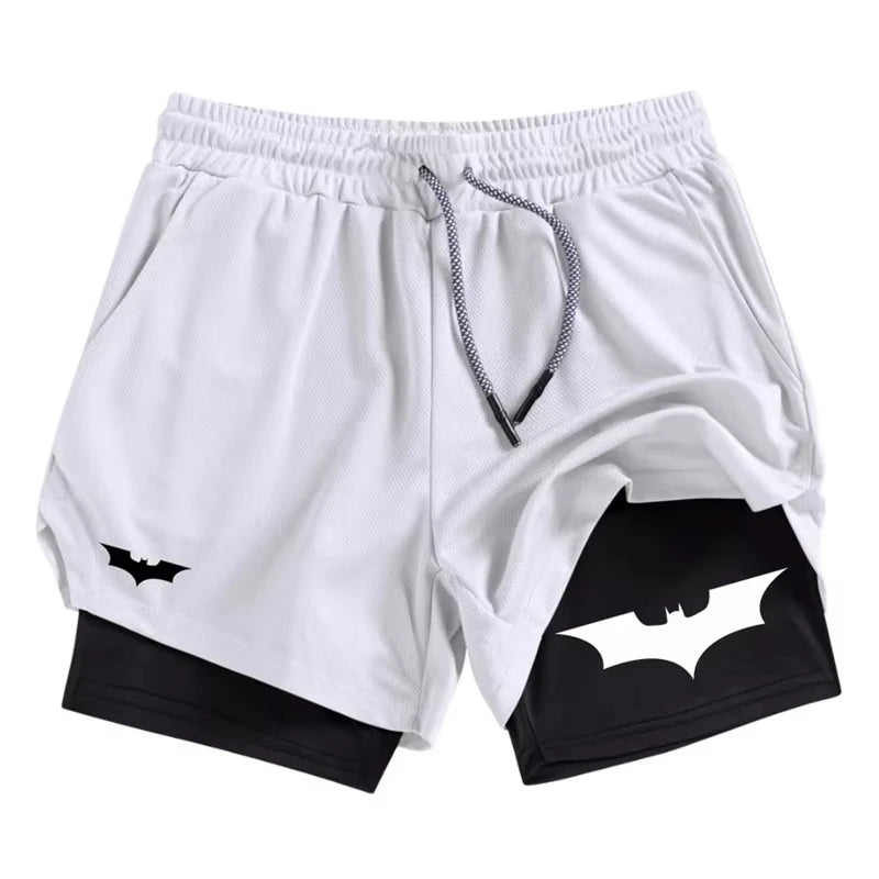Bat Print 2 in 1 Performance Shorts for Men Athletic Breathable Quick Dry Shorts with Phone Pocket Gym Workout Running  RL0007
